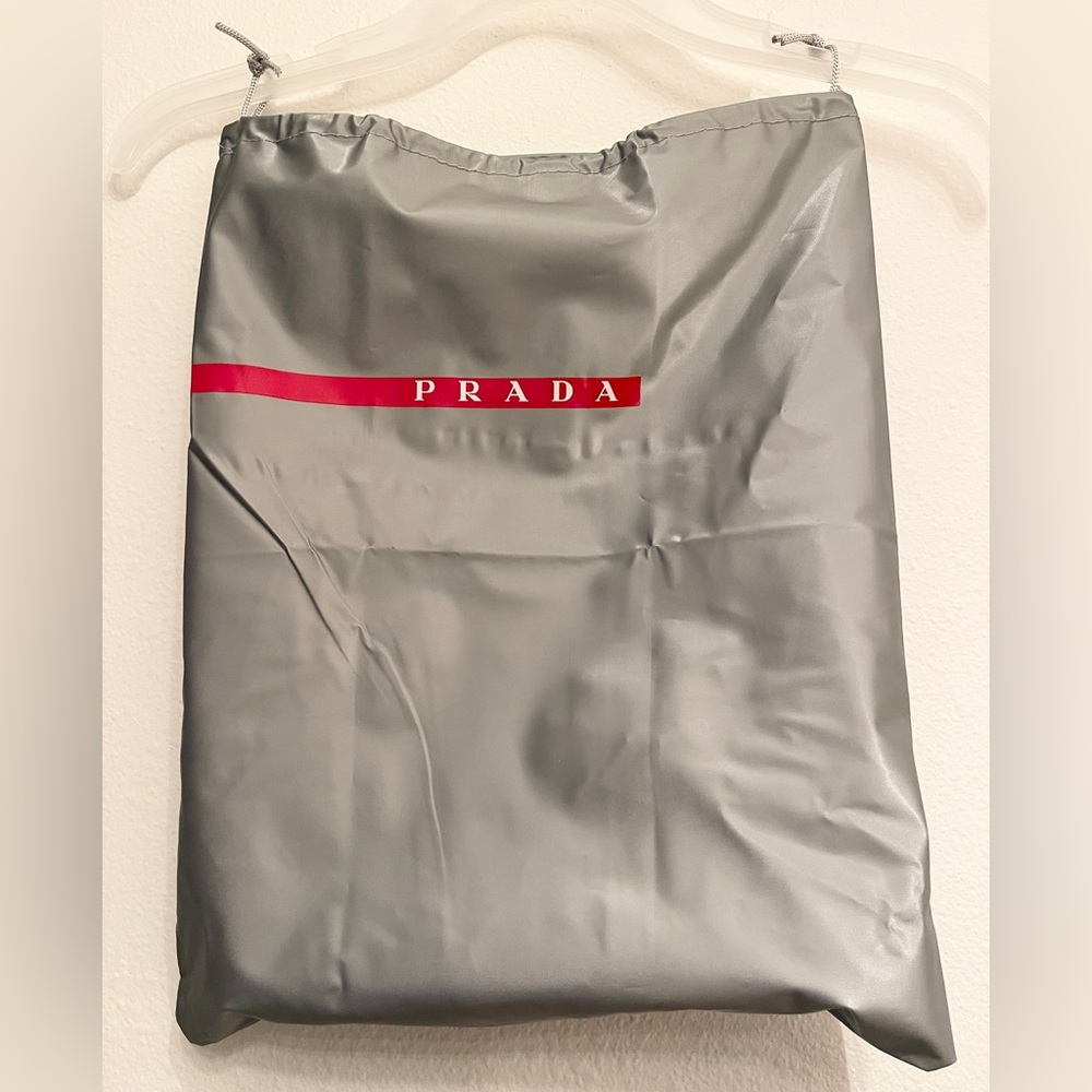 PRADA Nylon Drawstring Dust Bag Gray Red White PRADA Stripe Logo